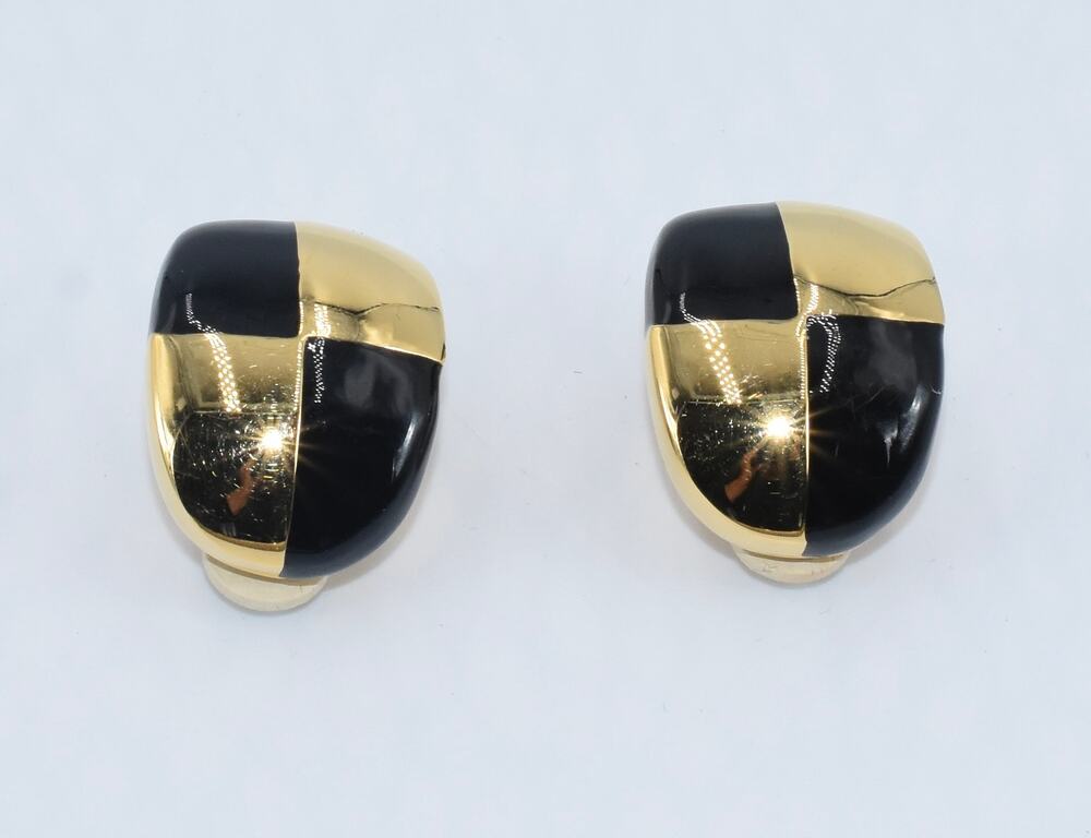 St. John Designer Black & Gold Enamel Clip Earrings